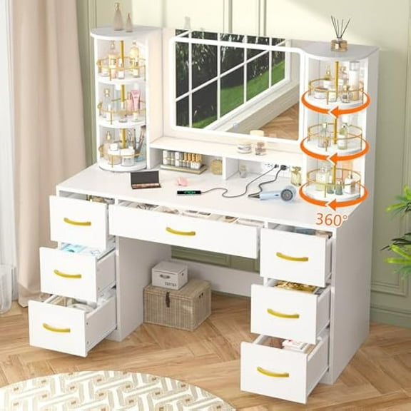 Vanity Desk with Mirror and Lights, White Makeup Vanity Table with 360° Roating Shelves, Large Vanity Desk with 7 Drawers, Power Outlet, Dressing Table Set with Lighted Mirror Adjustable, for Bedroom