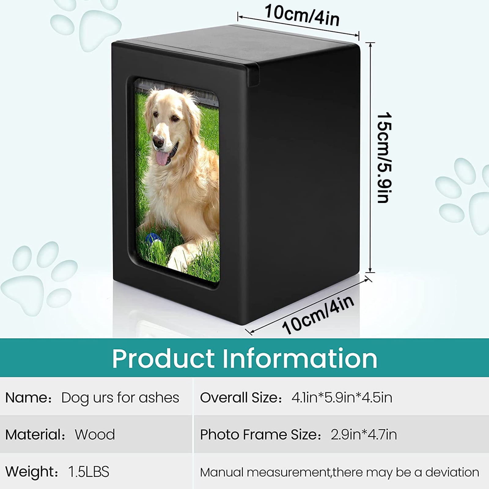 Pet Memorial Urns with Photo Frame Cremation Urn Box for Dog for Small Animal Black Color Size 4""x5.9"