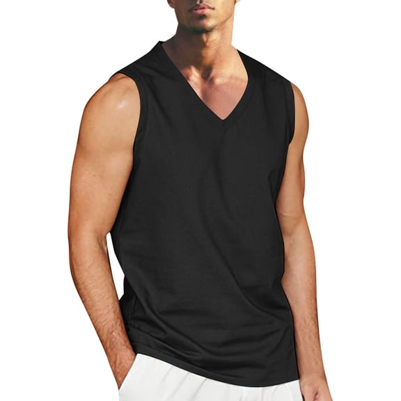 Landzoo Vest For Men Solid Color Sleeveless V-Neck Undershirt Summer Comfortable Men Tank Tops Size L Black