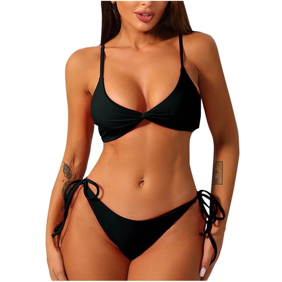 OSFVNOXV Womens High Waisted Bikini 2-Piece Bathing Suit Solid Color Small Cups Balconette Bra String Thongs Underwear Summer Holiday Swimwear Beachwear