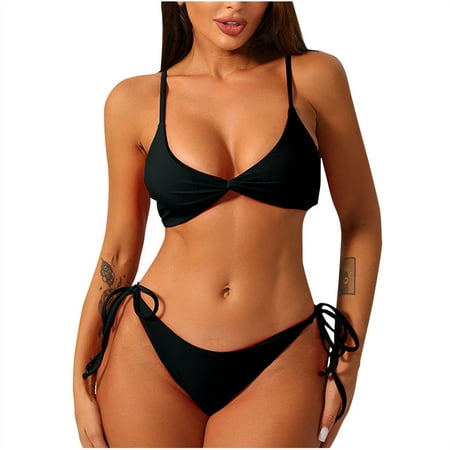 OSFVNOXV Womens High Waisted Bikini 2-Piece Bathing Suit Solid Color Small Cups Balconette Bra String Thongs Underwear Summer Holiday Swimwear Beachwear Clearance