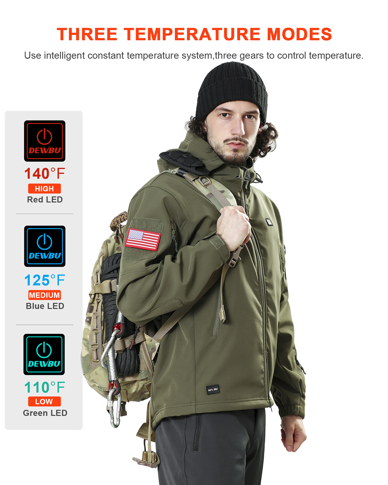 DEWBU Heated Jacket with 12V Battery Pack Winter Outdoor Soft Shell Electric Heating Coat, Men's Olive Green, 3XL - image 5 of 8