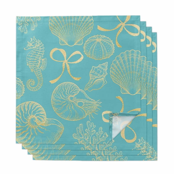 Ocean Conch Shell Cloth Napkins, Coastal Seahorse Coral Bows Vintage Blue Washable and Reusable Dinner Napkins Set of 4, Table Napkin for Kitchen Party Birthday Wedding Hotel Housewarming 20"x20"