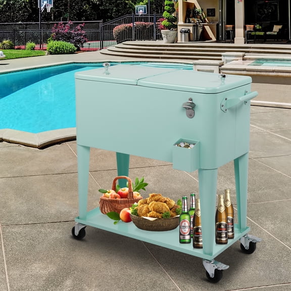 BAYUELSWU 80 Quart Patio Cooler Rolling Cooler Ice Chest with Wheels, Cooler Carts Square with Shelf and Bottle Opener Portable for Outdoor Indoor Patio Party Camping Patio (Mint)