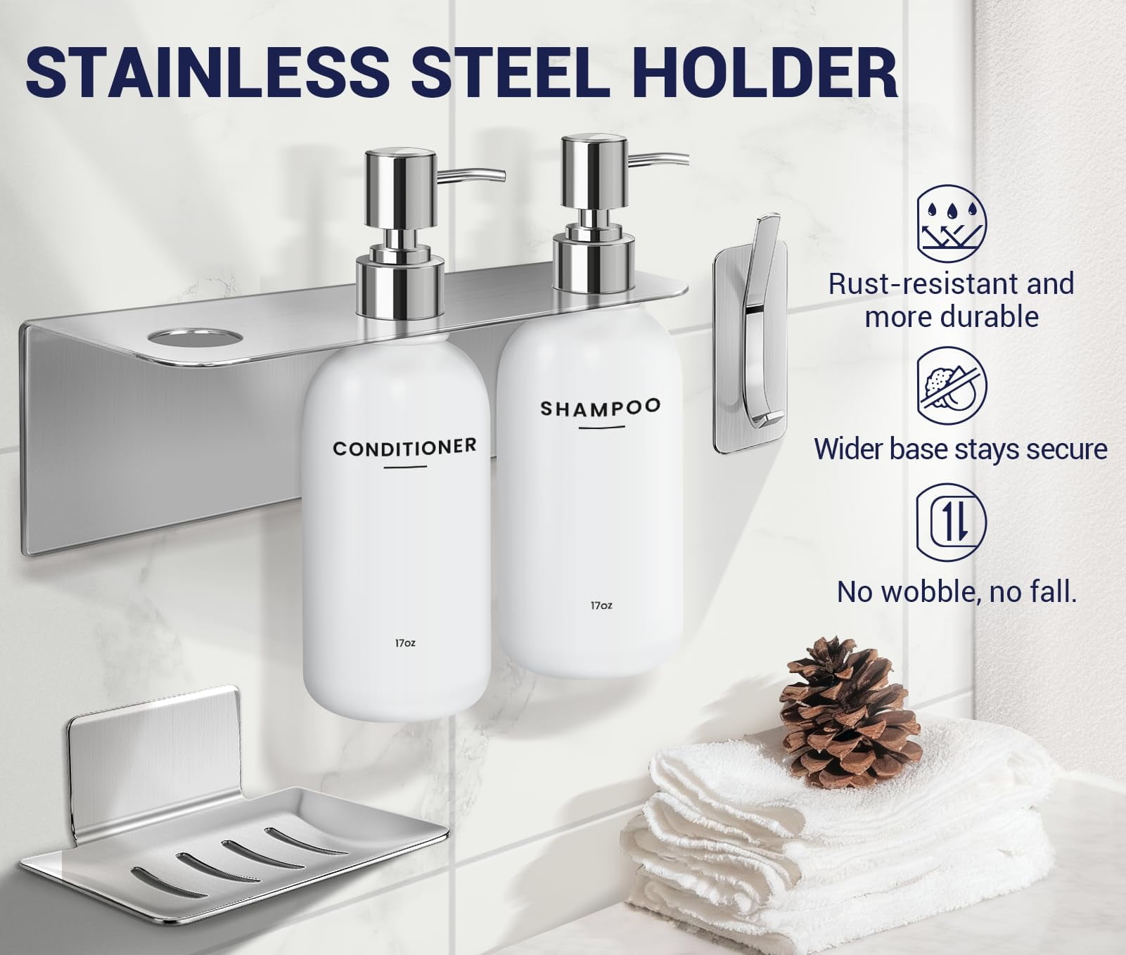 Shampoo and Conditioner Dispenser - Shower Soap Dispenser Wall Mounted - 17 fl oz Set of 3 Silver Plastic Bottles Black Pump - Shampoo Dispenser, Shower Dispenser