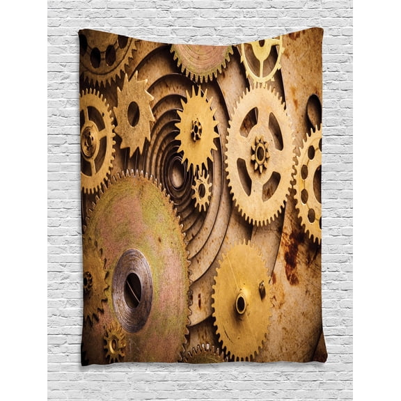 Steampunk Tapestry, Engineering Equipments Illustration of Mechanical Elements Wheels Close Up Image, Wall Hanging for Bedroom Living Room Dorm Decor, 40W X 60L Inches, Sand Brown, by Ambesonne