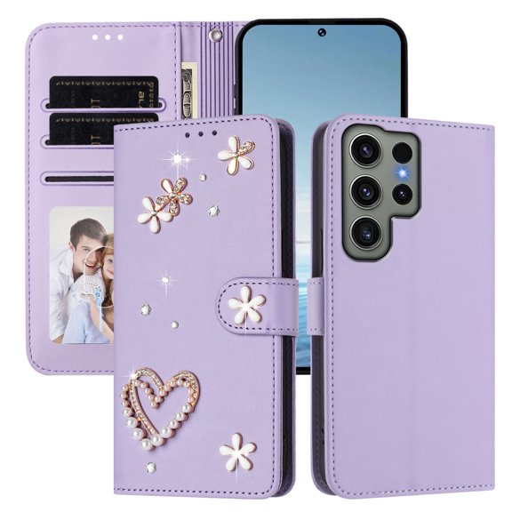 Decase for Samsung Galaxy S23 Ultra Shockproof Phone Case,Rhinestone Heart Flower Pearl PU Leather Card Holder Wallet Cover,Folio Flip Magnetic Closure Card Slots Cover,Purple