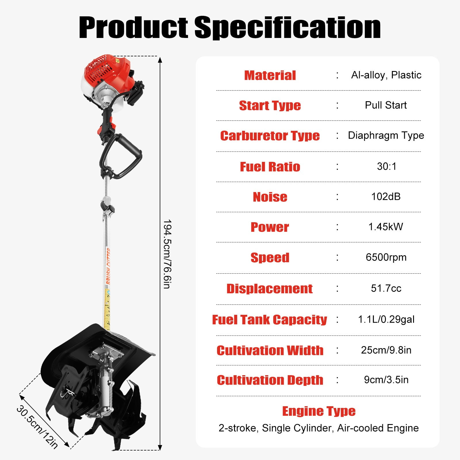 Garden Tiller Cultivator 52CC 2 Stroke Gasoline Powered Land Cultivator Yard Tiller Rototiler for Garden Lawn Digging Weed Removal Soil Cultivation