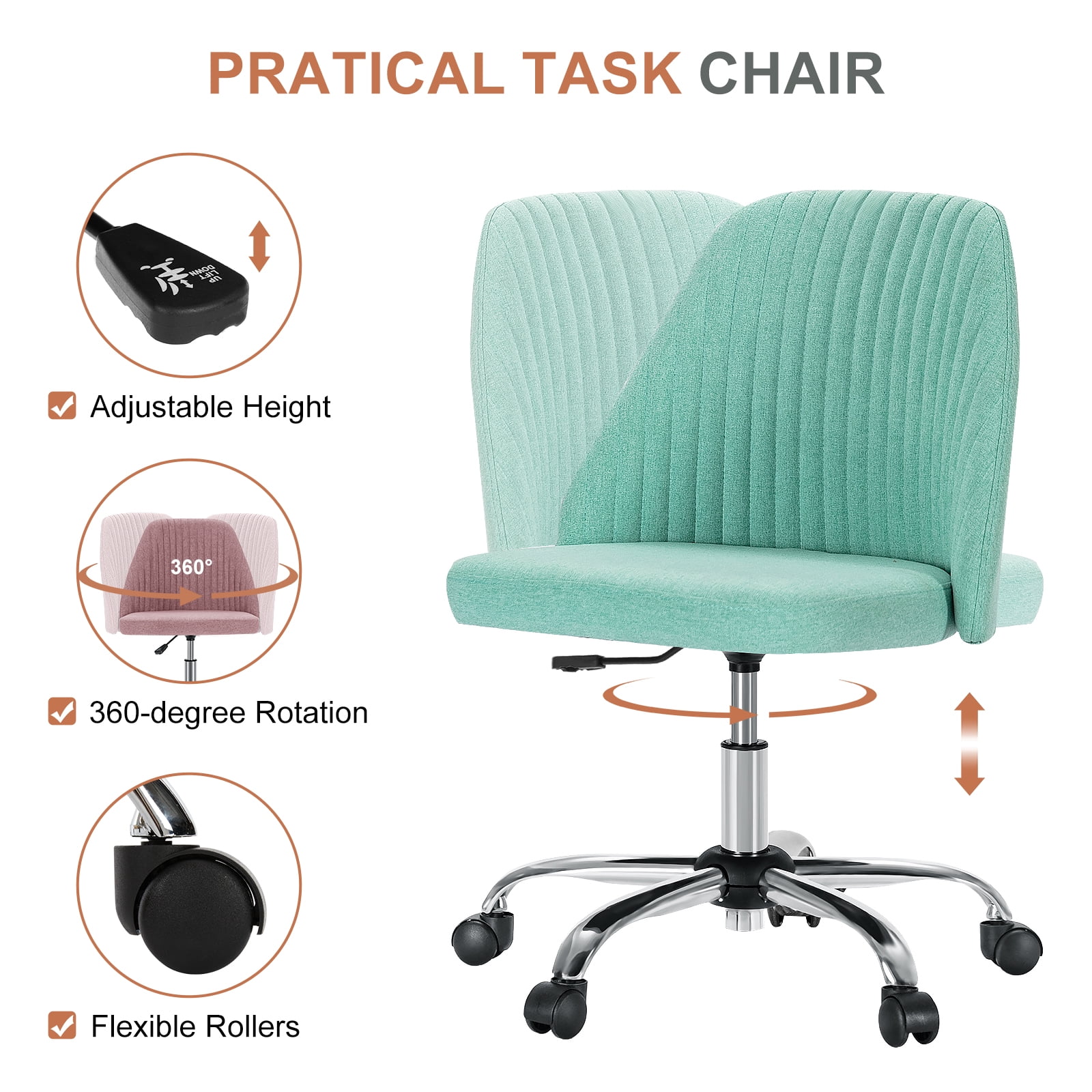 Armless Adjustable Swivel Desk Chair with Wheels