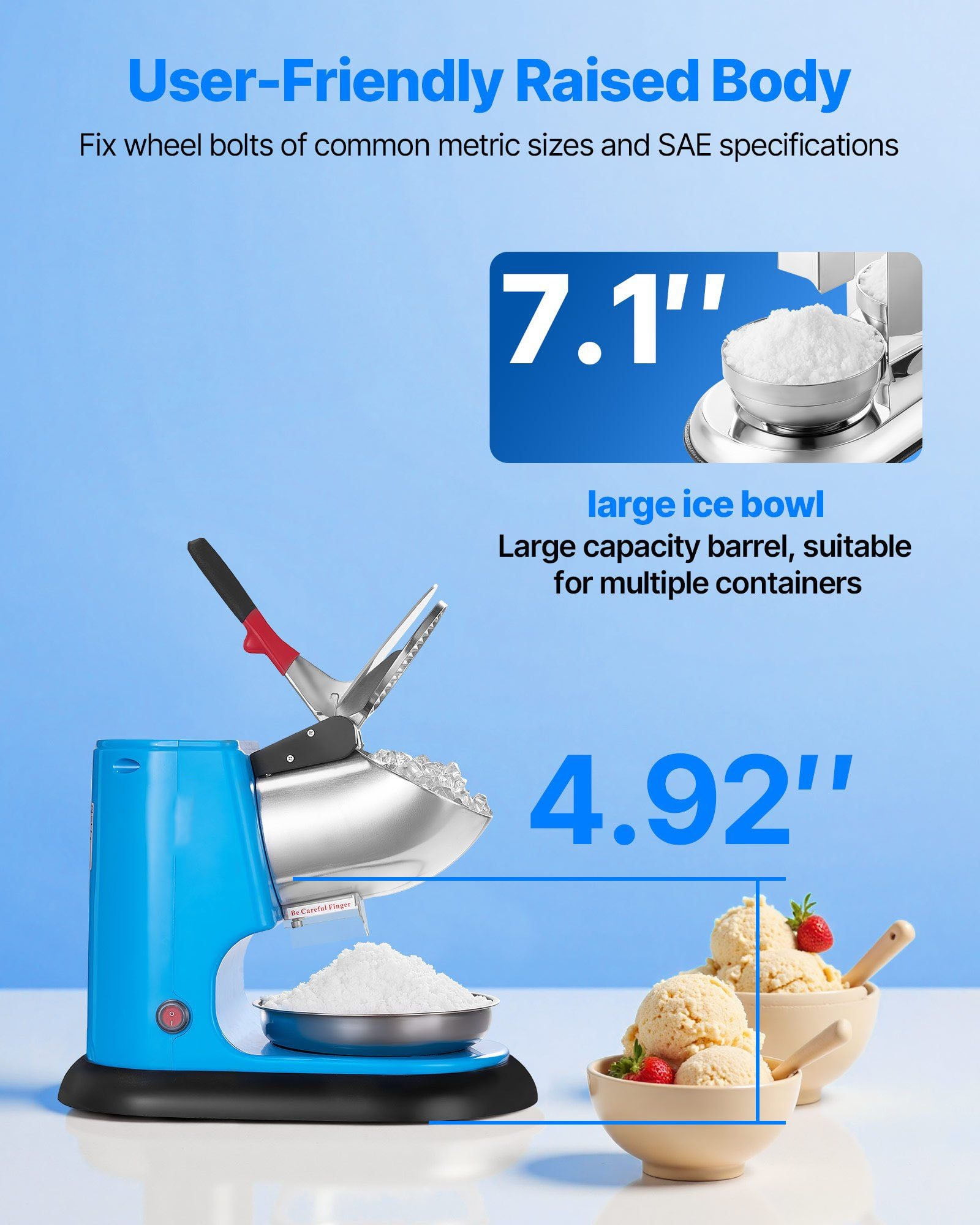 Electric Snow Cone Maker 220LBS/H - Commercial Ice Crusher Machine with Stainless Steel Blades - Shaved Ice Machine for Home & Business
