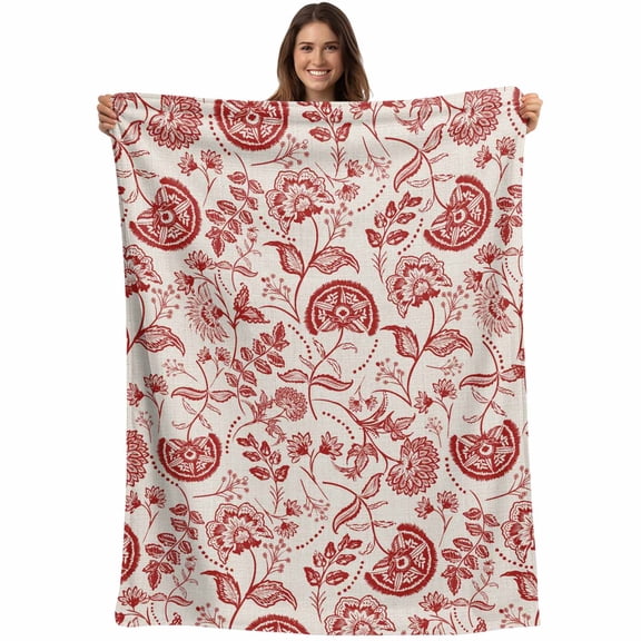 Red Chinoiserie Floral Throw Blankets, Vintage Farmhouse Cottagecore Soft Fleece Blanket Decorative for Home Sofa Couch Chair Living Bedroom, 60x80 inches,