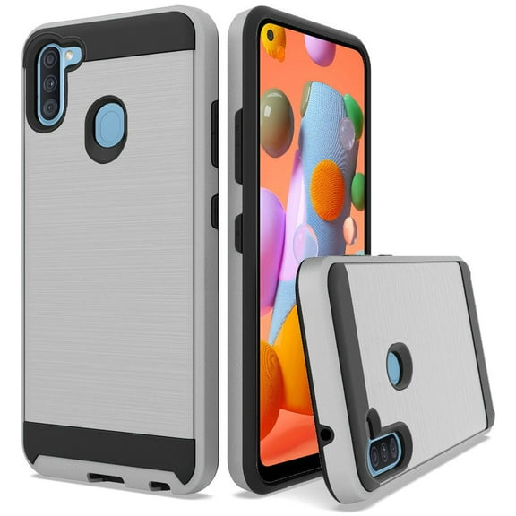 For Samsung Galaxy A11 Metal Brushed Design Hybrid Case Cover - Silver