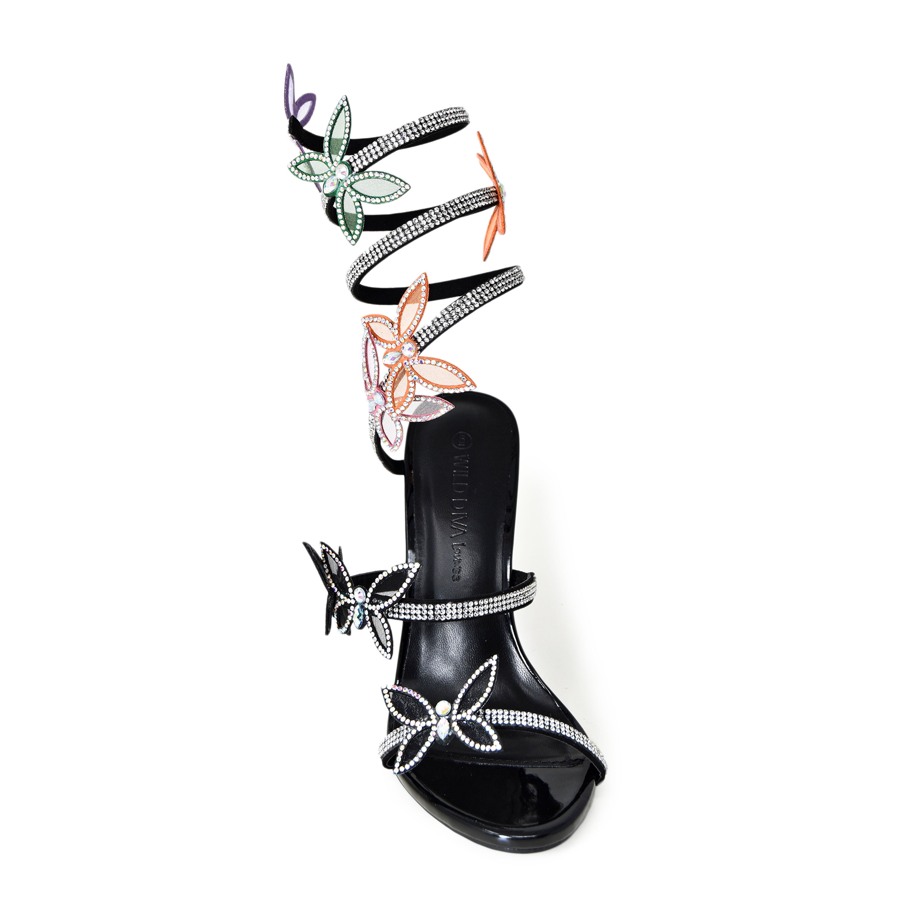 Wild Diva MORRIS-581 Embellished Rhinestone Butterfly Spiral Coil Wrap  Around Chunky Block Heels (Rainbow Black PA, 9)