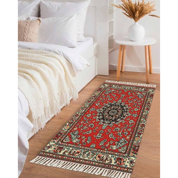 Red Boho Hallway Runner Rug 2x6ft,Vintage Farmhouse Abstract Floral Aesthetic Washable Woven Living Room Bedroom Kitchen Bathrom Carpet with Tassels,Indoor Outdoor Throw Door Mat for Entryway