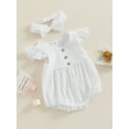 thumbnail image 4 of Musuos Baby Girl Summer Clothes Set 3M 6M 12M 18M Round Neck Fly Sleeve Solid Color Romper + Bow Headband Newborn Infant 2 Piece Set, 4 of 10
