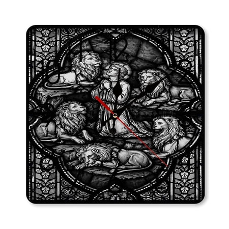 RKSupls 10×10inch Square Silent Wall Clock Wooden Frame, Stained Glass Daniel Lions Den Scale Decorative Clock for Home Bedroom Living Room Office