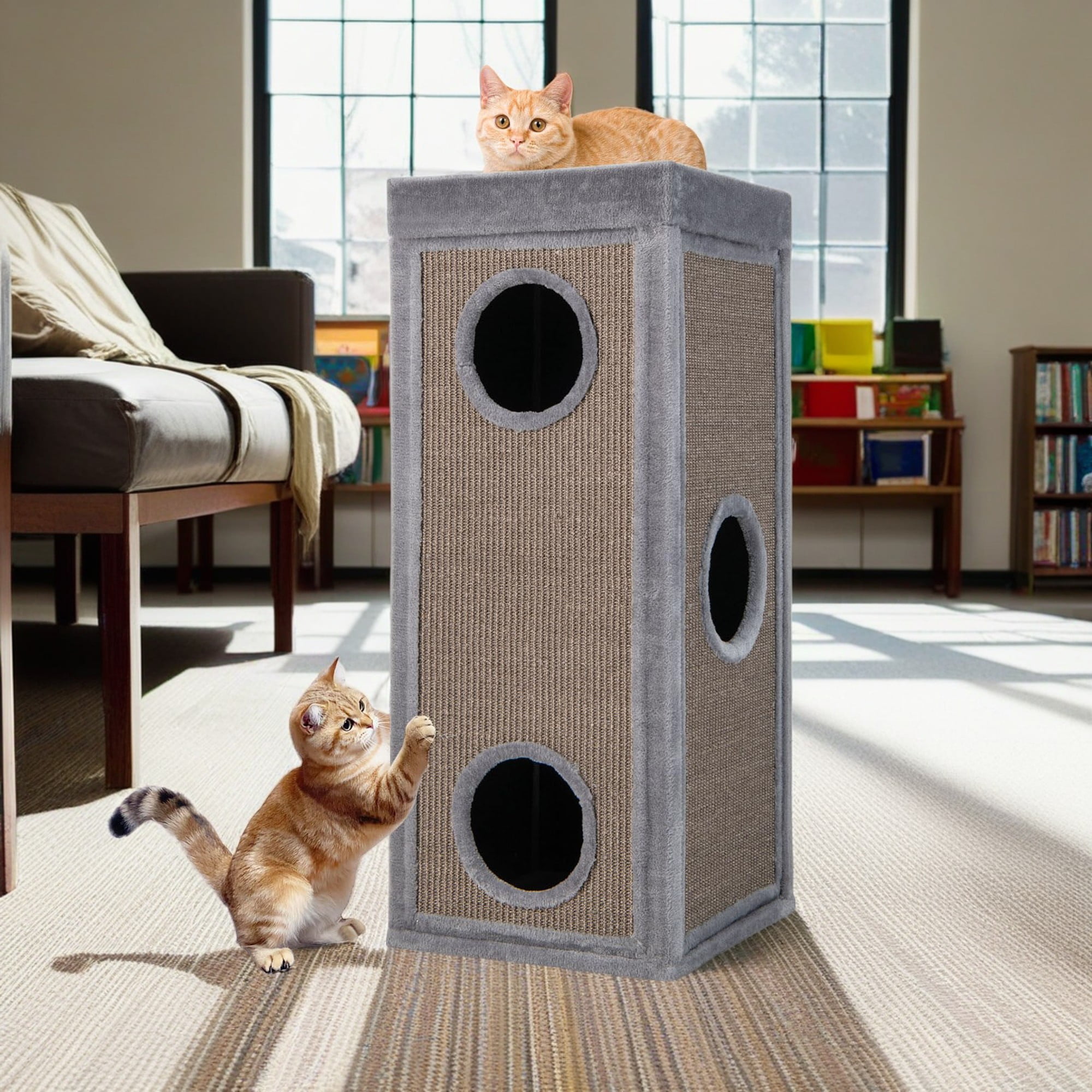 Kadyn 39" Indoor Cat Cave Bed, Cat House Scratcher Furniture, Cat Condo with Scratching Posts, 3 Hideaways, 4 Soft Plush Cushions, Gray