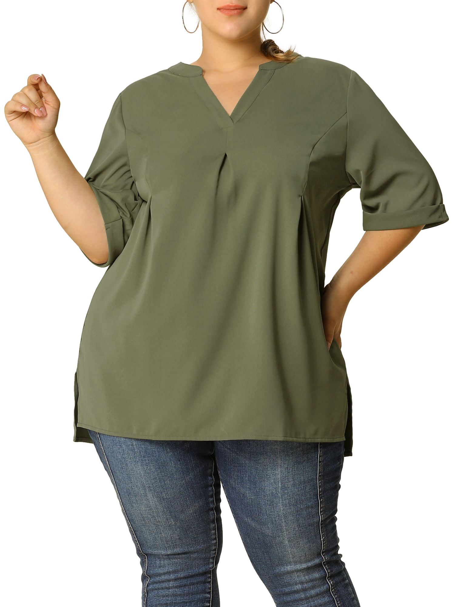 Unique Bargains Women's Plus Dip Hem Blouse V Neck Short Sleeve Tunic Top