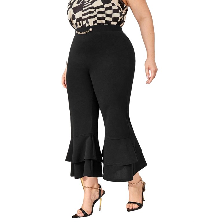 Elegant Solid Flare Leg Black Plus Size Pants (Women's)