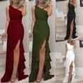 thumbnail image 2 of Qarigey Hombro inclinado Vestido de color sólido Sin mangas Vestido de fiesta de división alta Dobladillo grande con volantes Vestidos blanco SG, 2 of 6