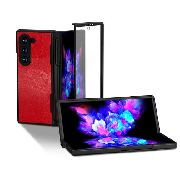 ELEHOLD for Samsung Galaxy Z Fold 6 Case, Ultra-Thin Luxury Leather Hinge Protection Built-in Screen Protector Hard PC Bumper Cover Shockproof Case with S Pen Holder for Samsung Galaxy Z Fold 6,Red