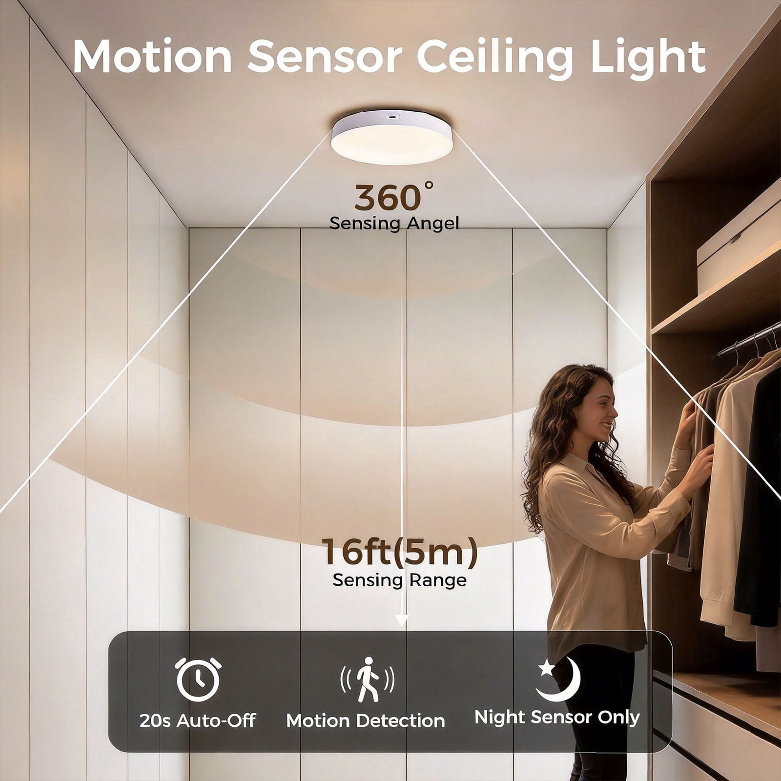 Rechargeable Microwave Motion Sensor Ceiling Light with Remote, Dusk to Dawn, 5m/360° Range, Dimmable Wireless Wall Lights for Living Room, Bedroom, Kitchen, Hallway, Garage