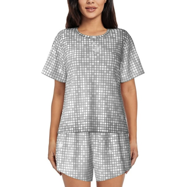 Fotbe Silver Mosaic Conjunto de Pijama Estampado para Mujer, 2 Piezas, Ropa de Dormir con Camiseta de Manga Corta y Shorts Suaves-Small
