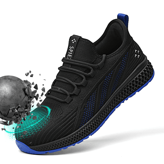 SPIEZ® Unisex Composite Toe Shoes,Breathable Work Sneakers, Lightweight Safety Shoes for Construction|Warehouse|Security Checks|Delivery Work–Black Blue,Size 9 Men/10.5 Women