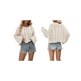 thumbnail image 3 of Women Chunky Cable Crop Sweater Pullover Casual Half Button Flared Long Sleeve Jumper Tops Apricot L, 3 of 7
