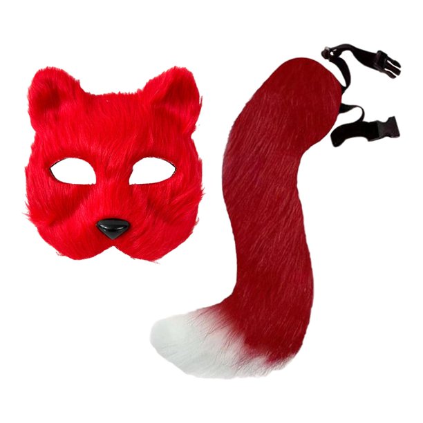 Máscara de gato falsa con cola, accesorios de peluche realistas para fiesta de Halloween para niñas y mujeres Rojo