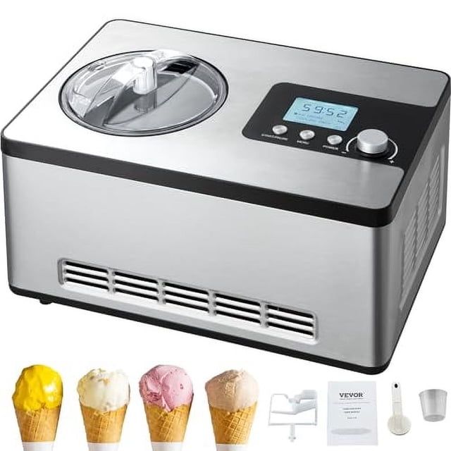 VEVOR Máquina automática para hacer helados con compresor incorporado, máquina de yogur de frutas sin precongelación de 2 cuartos, máquina para hacer sorbetes eléctrica de acero inoxidable, máquina pa