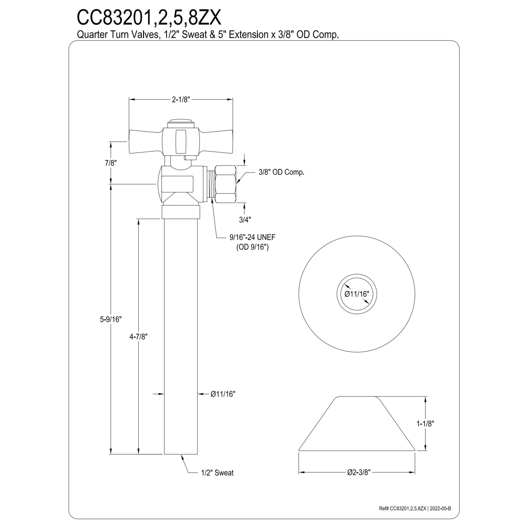 Kingston Brass CC83208ZX 1/2-Inch Sweat x 3/8-Inch O.D. Comp Angle Shut-Off Valve with 5-Inch Extension in Brushed Nickel