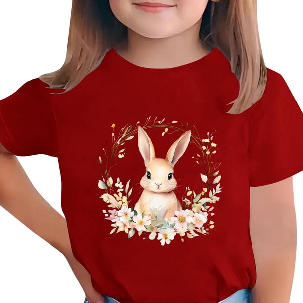 Manga Corta Crop Top para Niños con Lindo Estampado de Pascua, Cuello Redondo Casual Graphic Tee para 3-14 Años, Tela Suave Transpirable