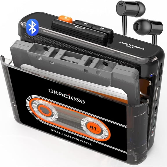 Jazmm Bluetooth Cassette Tape Player - 1100mAh Rechargeable Portable Walkman with Back Clip, 3.5mm Headphones for Home Outdoor Travel