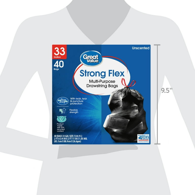 Great Value Strong Flex 33-Gallon Drawstring Multi-Purpose Trash Bags,  Unscentted, 40 Bags