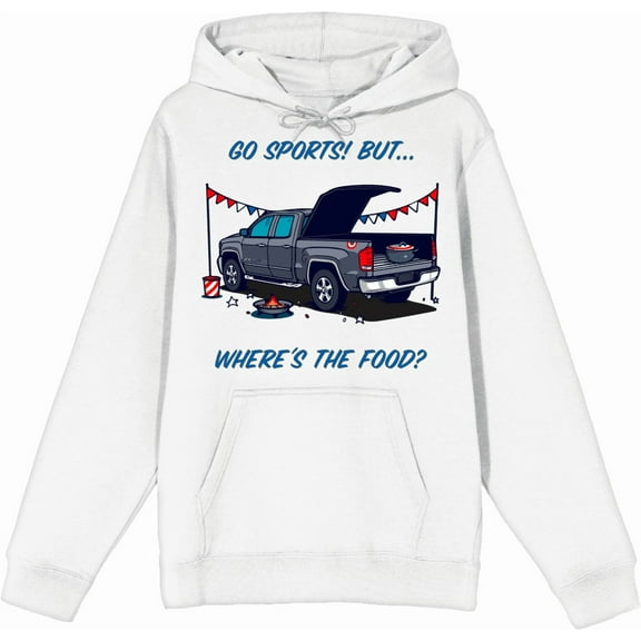 Go Sports! But Where's the Food? Adult White Long Sleeve Hoodie-Medium