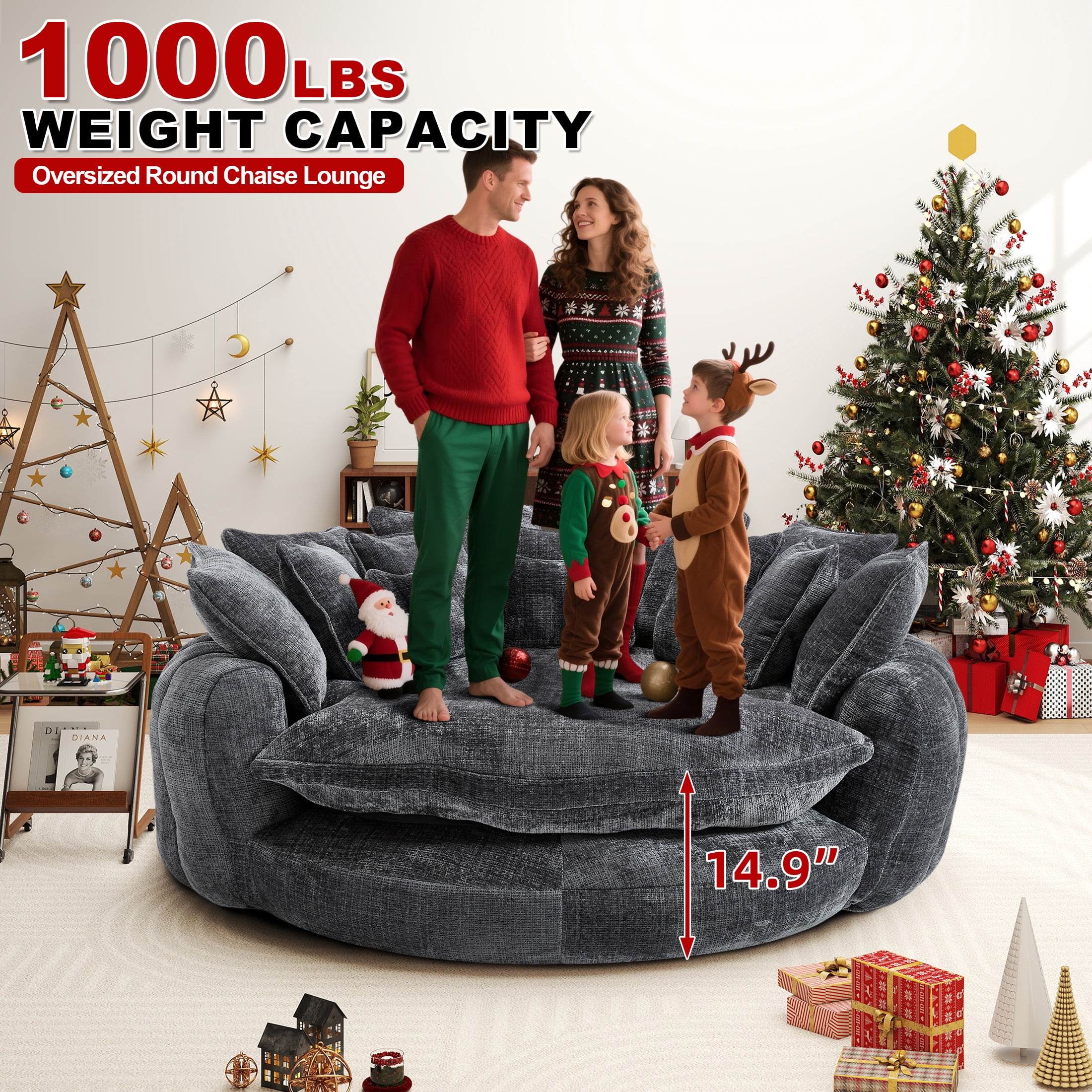 Aukfa 81.1" Oversized Cloud Couch Sleeper Sofa with Round Chaise Lounge, Modern Chenille Upholstered Boneless Sofa with Memory Foam and 14 Pillows, Dark Gray