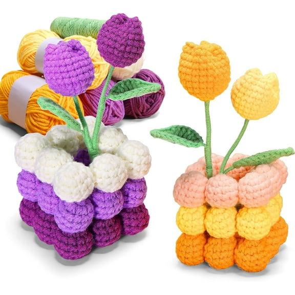 Xinyi Beginner Crochet Kit with Hook - 2 Pcs Tulip Potted Plants, DIY Knitting Supplies with Tutorials for Adults