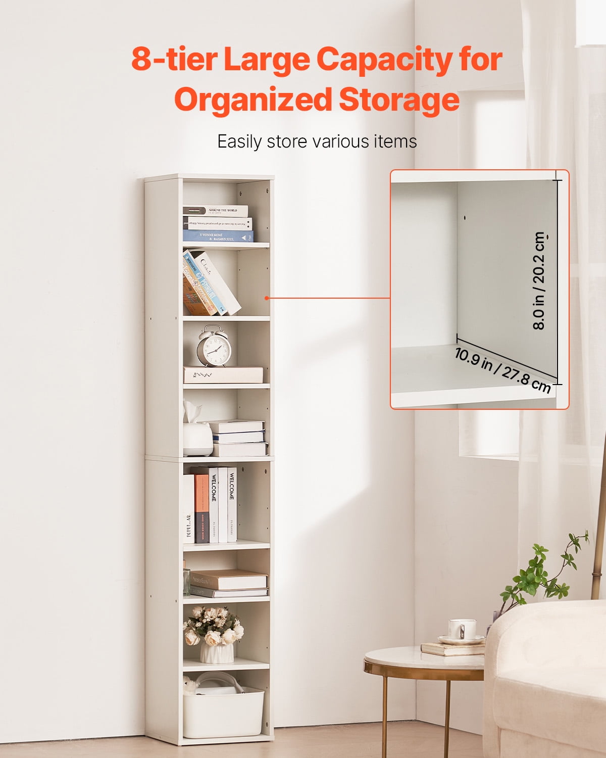 KFFKFF 8-Level Slim Bookcase, 71-inch Wood-Based Tall Open Shelving Unit with Flexible Shelf Height, Independent Floor Standing Storage Display Bookshelf for Study, Bedroom, Lounge, in White