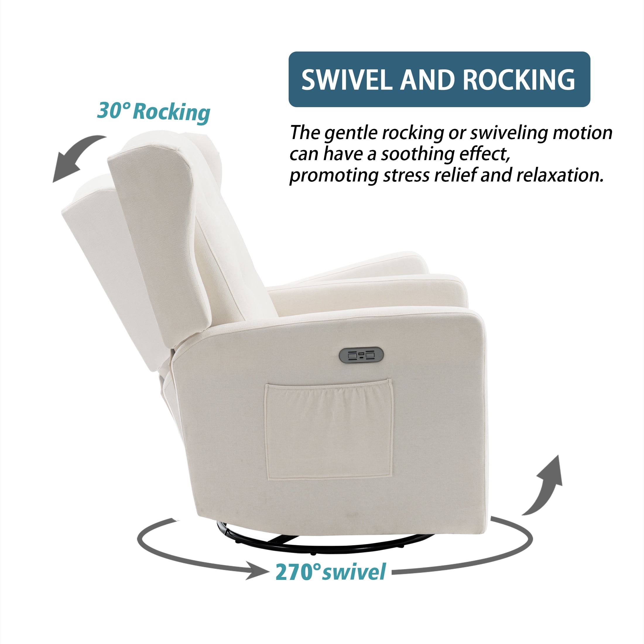 Power Swivel Rocking Recliner Chair, Electric Rocker Nursery Glider Chair, USB and Type-C Ports, Upholstered Fabric Reclining Single Sofa Chair for Living Room (Beige)