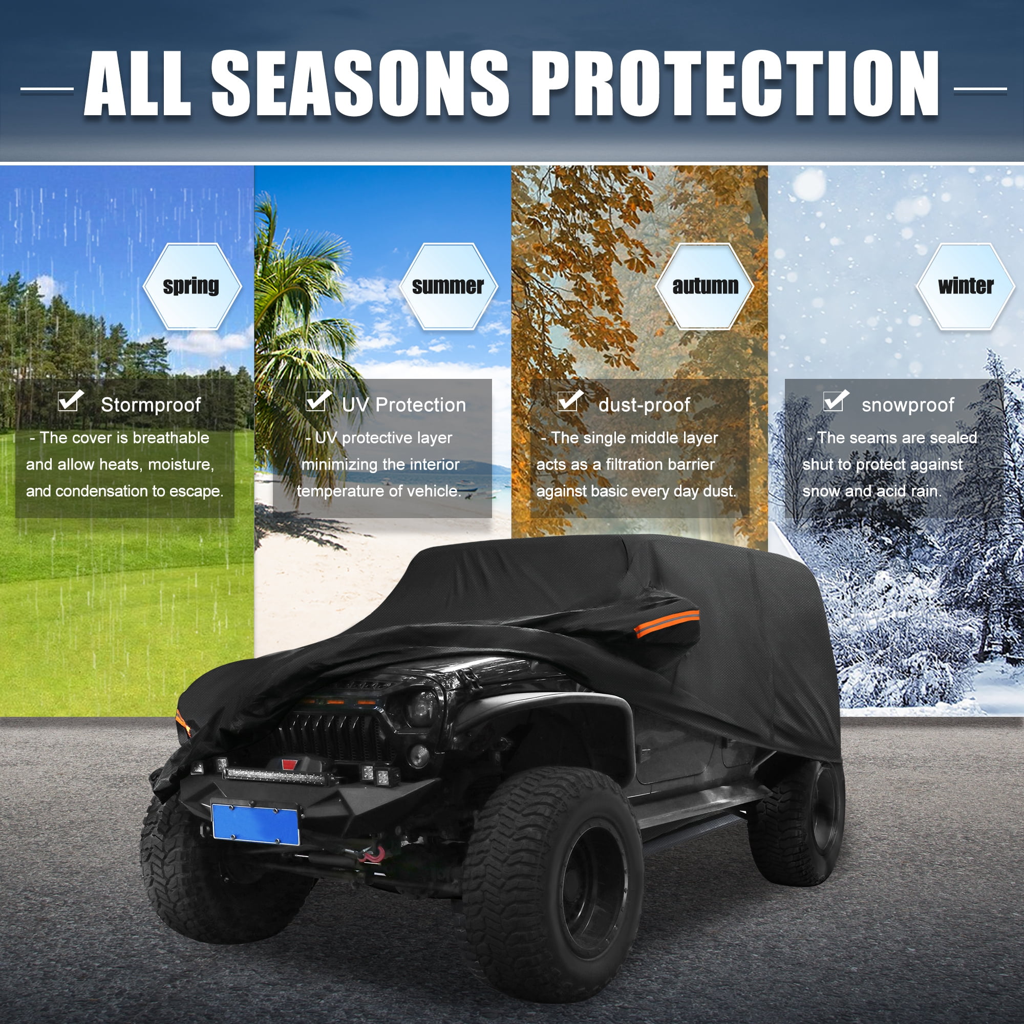 Unique Bargains Car Cover with Door Black for Jeep Wrangler 4DR 2007-2017 193"x75"x59"
