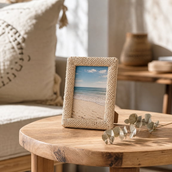 Topukaiba Woven Seagrass Photo Frame, 4X6 / 3.5X5 Boho Rattan Picture Frame With Wood Backing, Tabletop Easel & Wall Hanging For Living Room Bedroom Shelf, Khaki, 9.65X7.68"