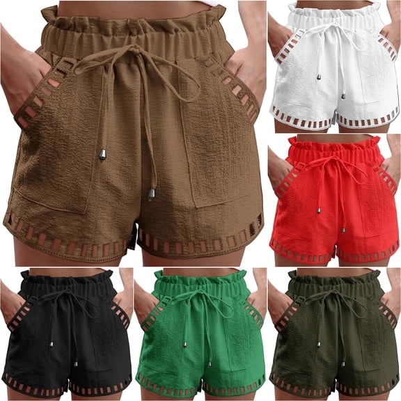 YanHoo Plus Size Shorts for Women Ruffle High Waisted Drawstring Short Pants Solid Color Casual Wide Leg Shorts with Pockets