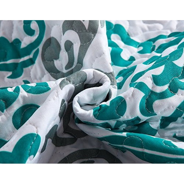 Mk Collection 3-Piece Oversized Bedspread Set - Floral Turquoise Teal Blue Grey Quilted Coverlet, King/Cal King