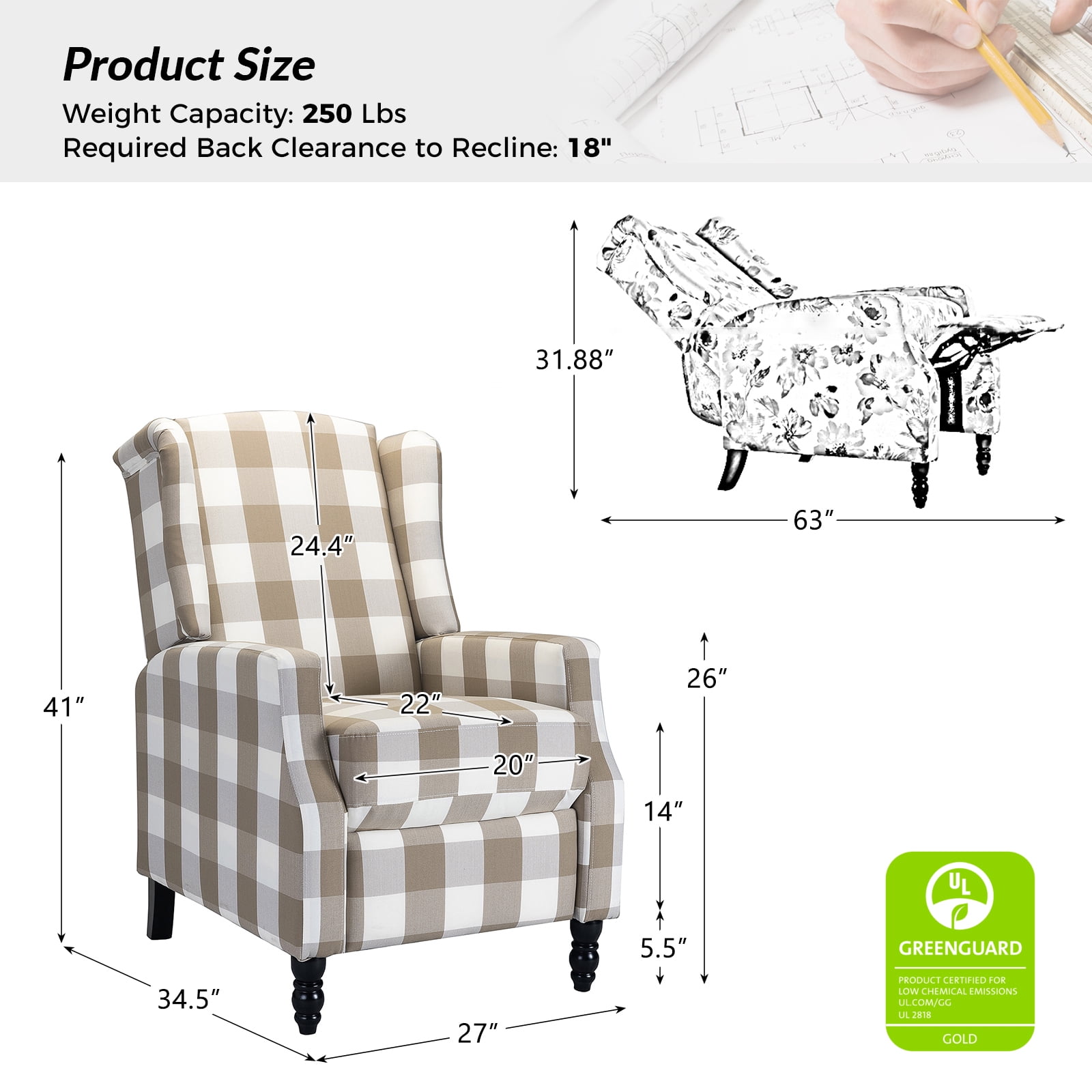 Recliners Chairs Set of 2 Push Back Upholstered Wingback Traditional Fabric Living Room Plaid Beige