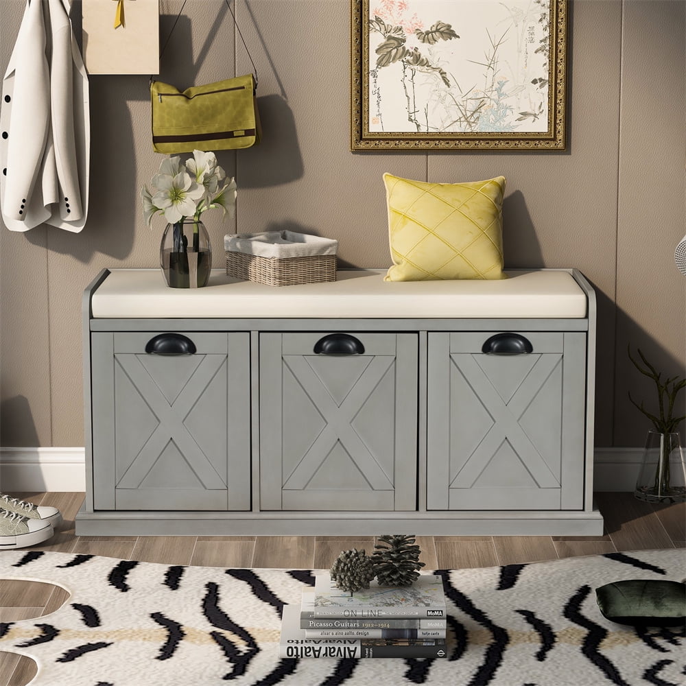 Rustic Storage Bench with 3 Sliding Drawers, Wooden Shoe Bench with