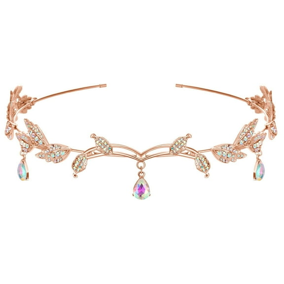 Rhinestone Leaf Wedding Tiara Headband for Brides, Rose Gold Crown Headband for Pageants Wedding Prom Birthday
