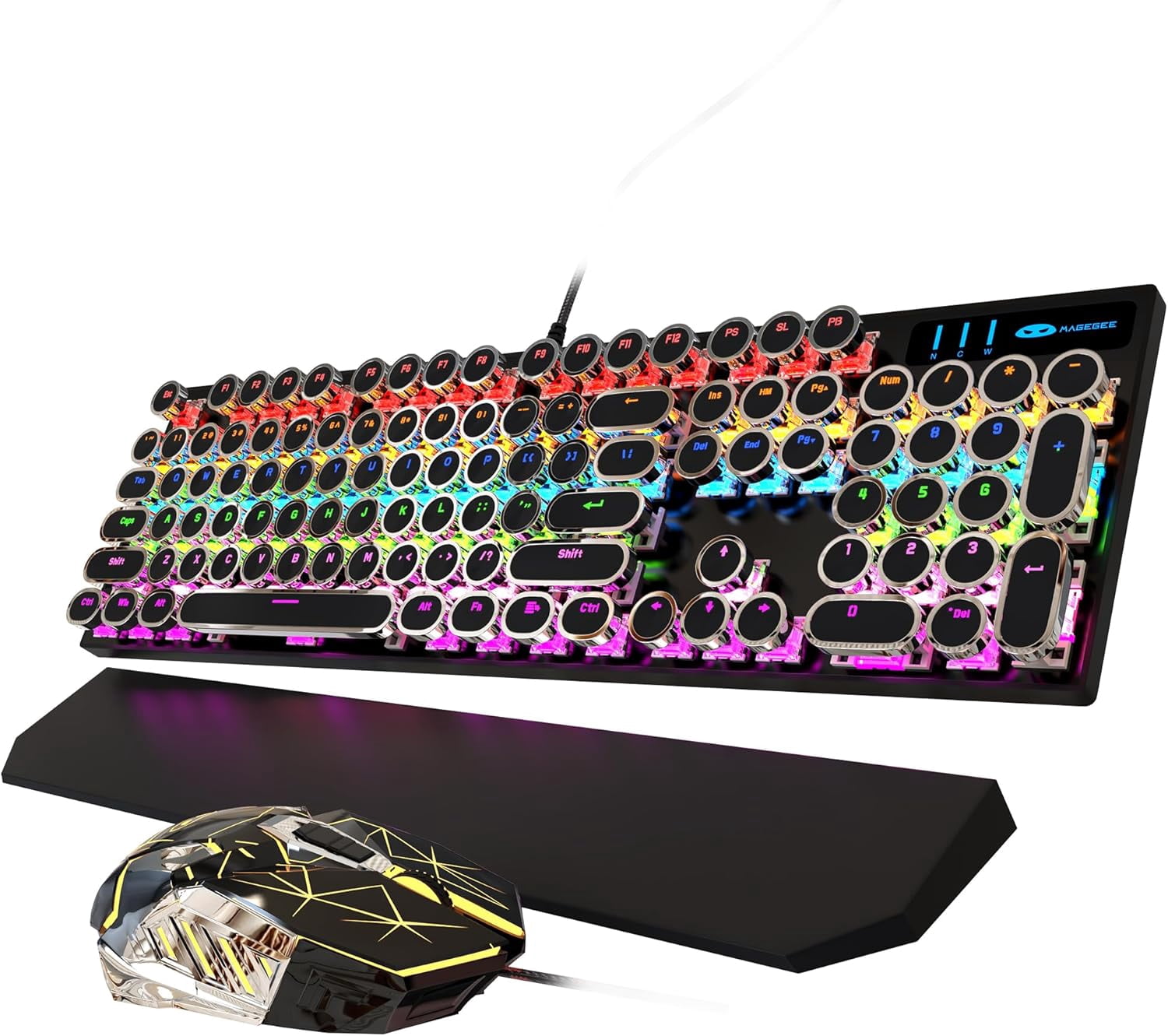 Typewriter Mechanical Gaming Keyboard and Mouse Combo, Retro Punk Round Keycaps Rgb Rainbow Backlit Wired Keyboard for Game and Office