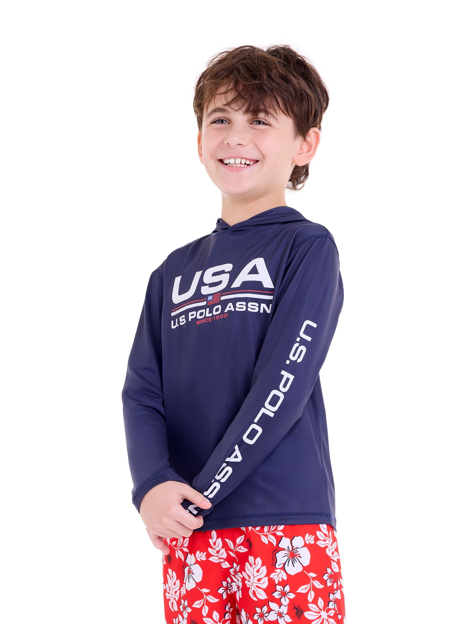U.S. Polo Assn. Boys Long Sleeve Hooded Flag Graphic Rashguard, Sizes 4-18
