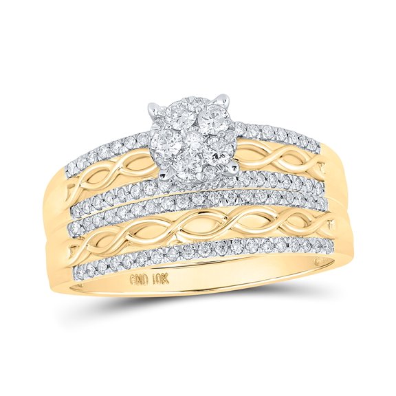 10K Yellow Gold His Hers Round Diamond Cluster Matching Wedding Set 1 Cttw, Womens Size: 5-10, Mens Size: 7-13